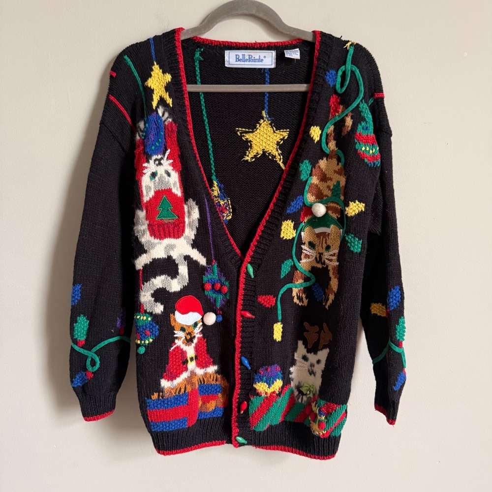 BellePointe Vintage Christmas Cat Cardigan Sweater Black Knit Holiday Small